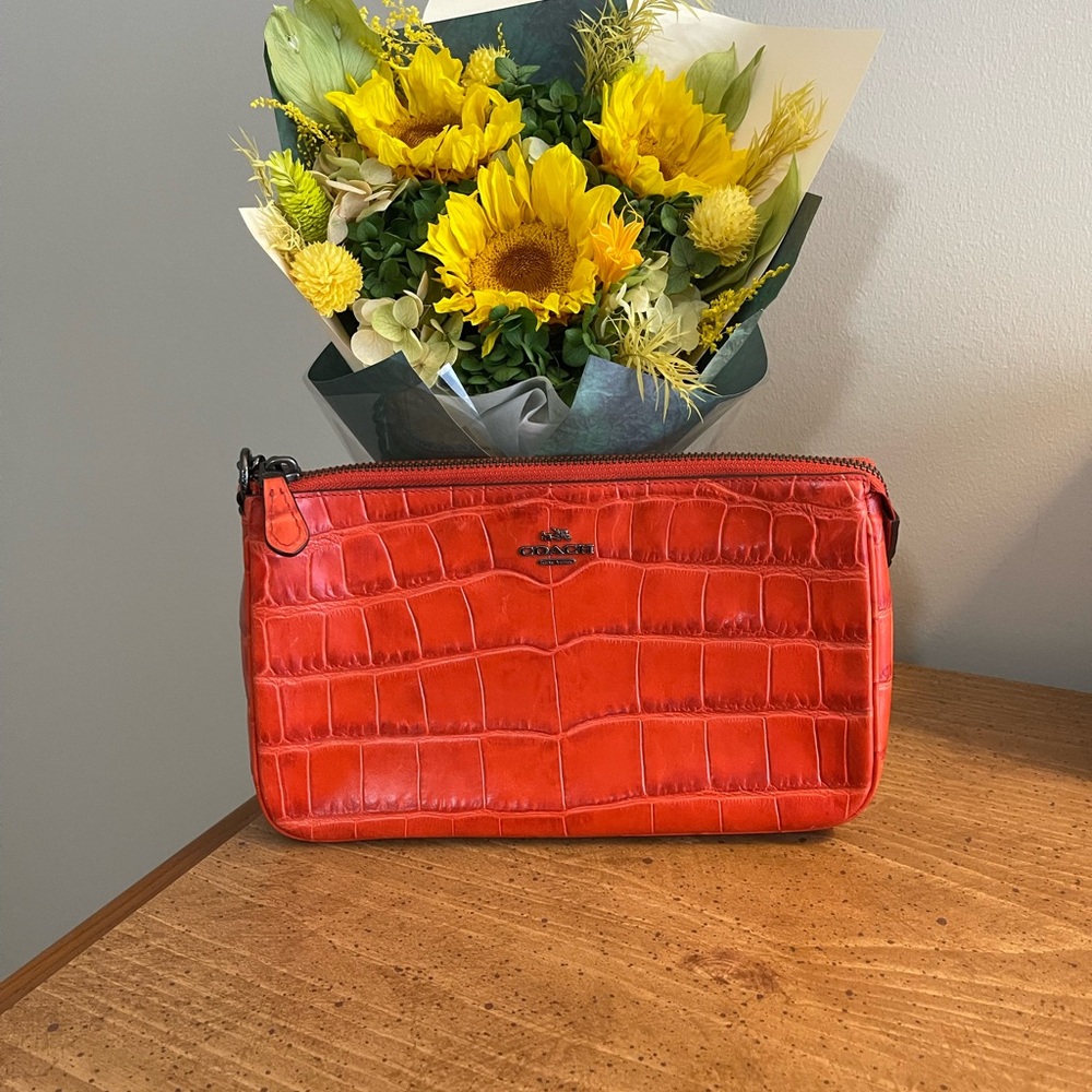 Coach Orange Croc-Embossed Leather Wristlet
